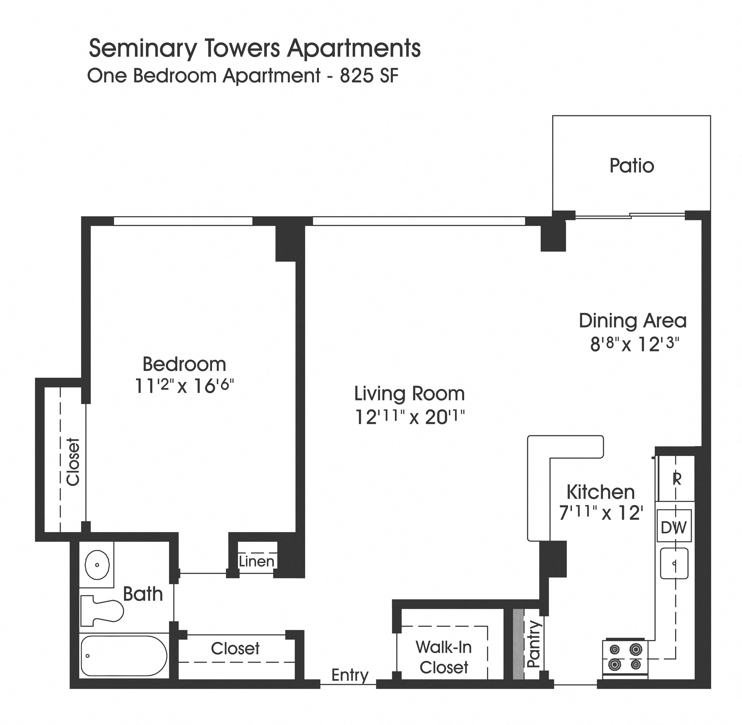 Floor plan for 1 bed, 1 bath, 825 sqft
